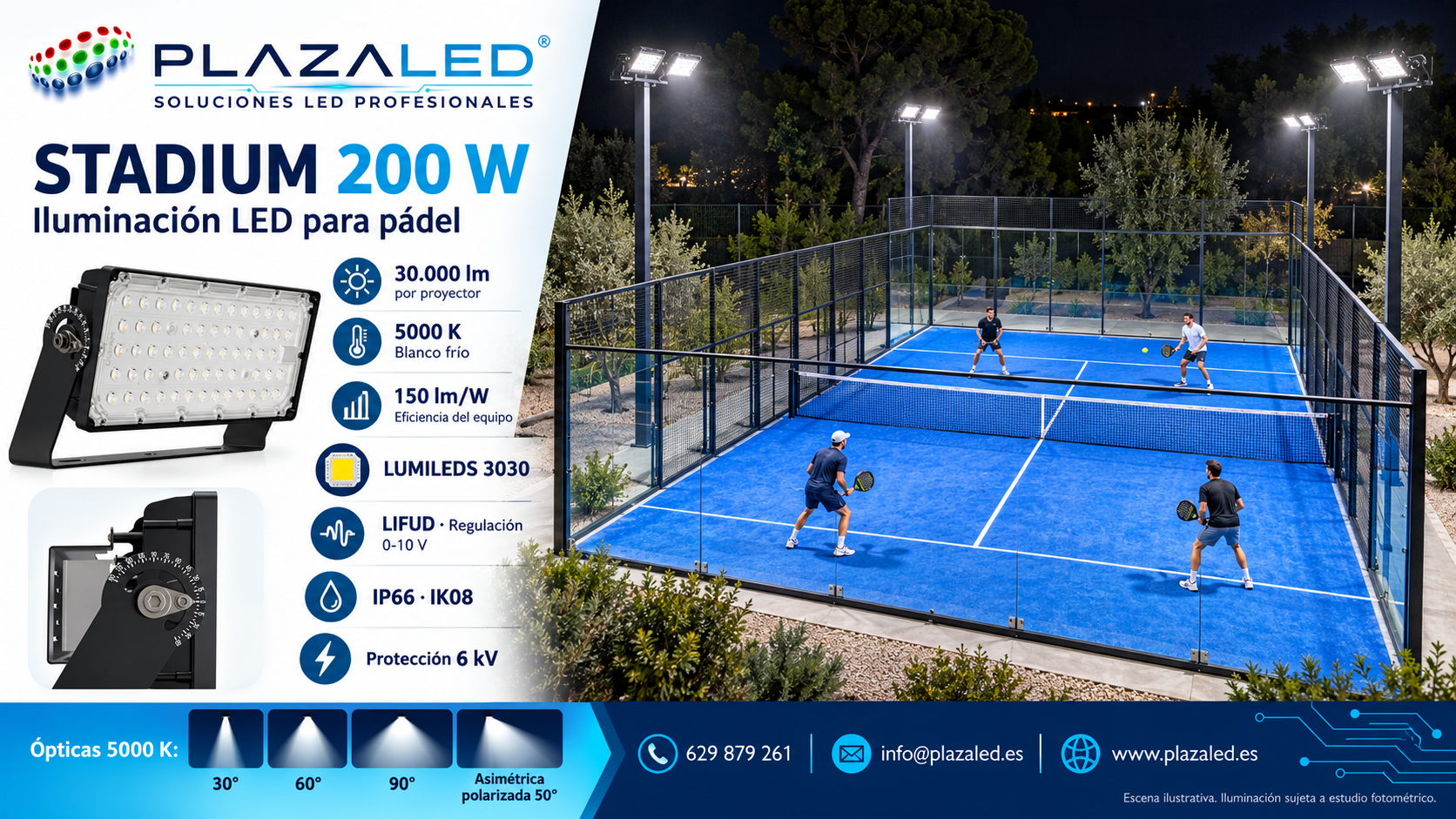 Foco Stadium 200W: iluminación LED profesional para pádel