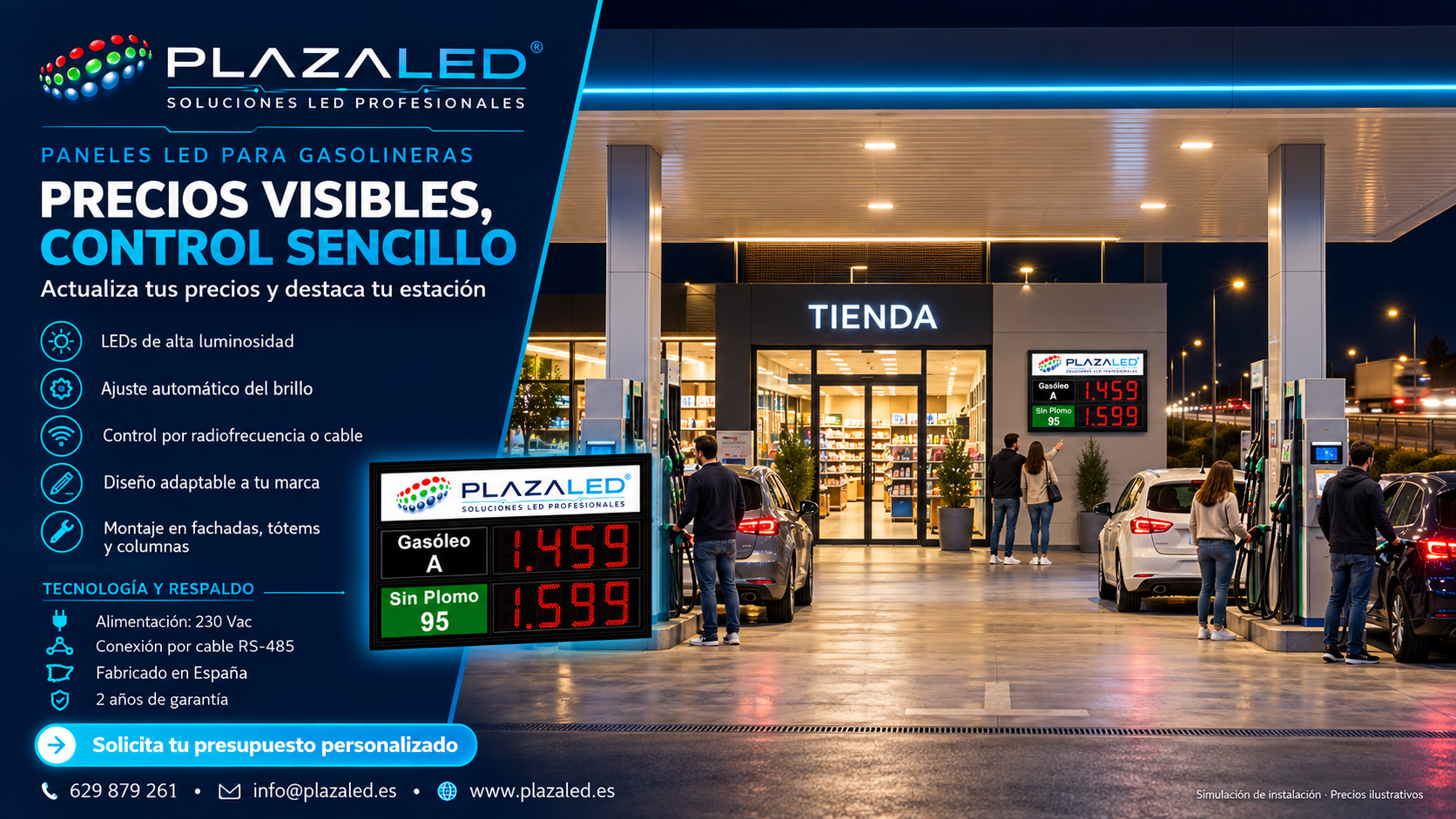Precios LED en gasolinera nocturna - Panel VULCANO